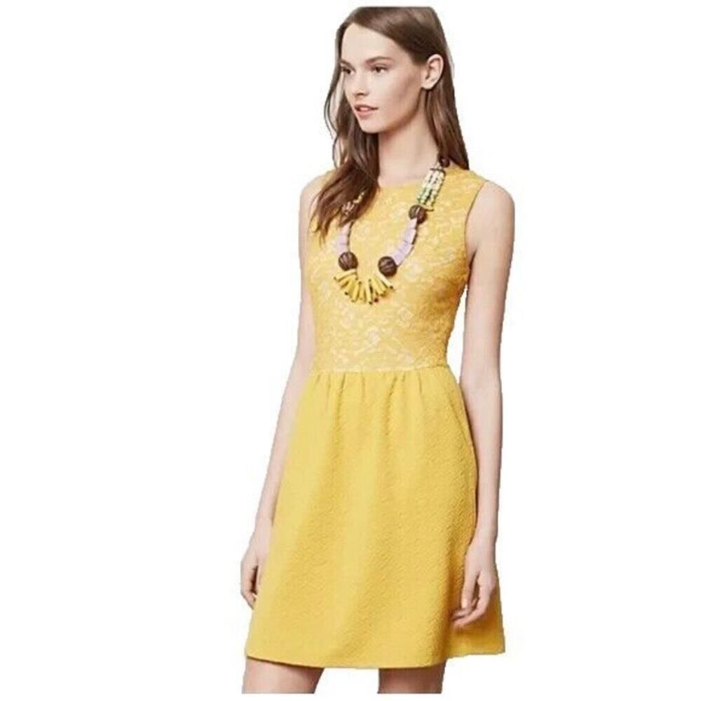 Maeve x‎ Anthropologie Lemon Yellow Vera Lace A-Line Dress Size Medium